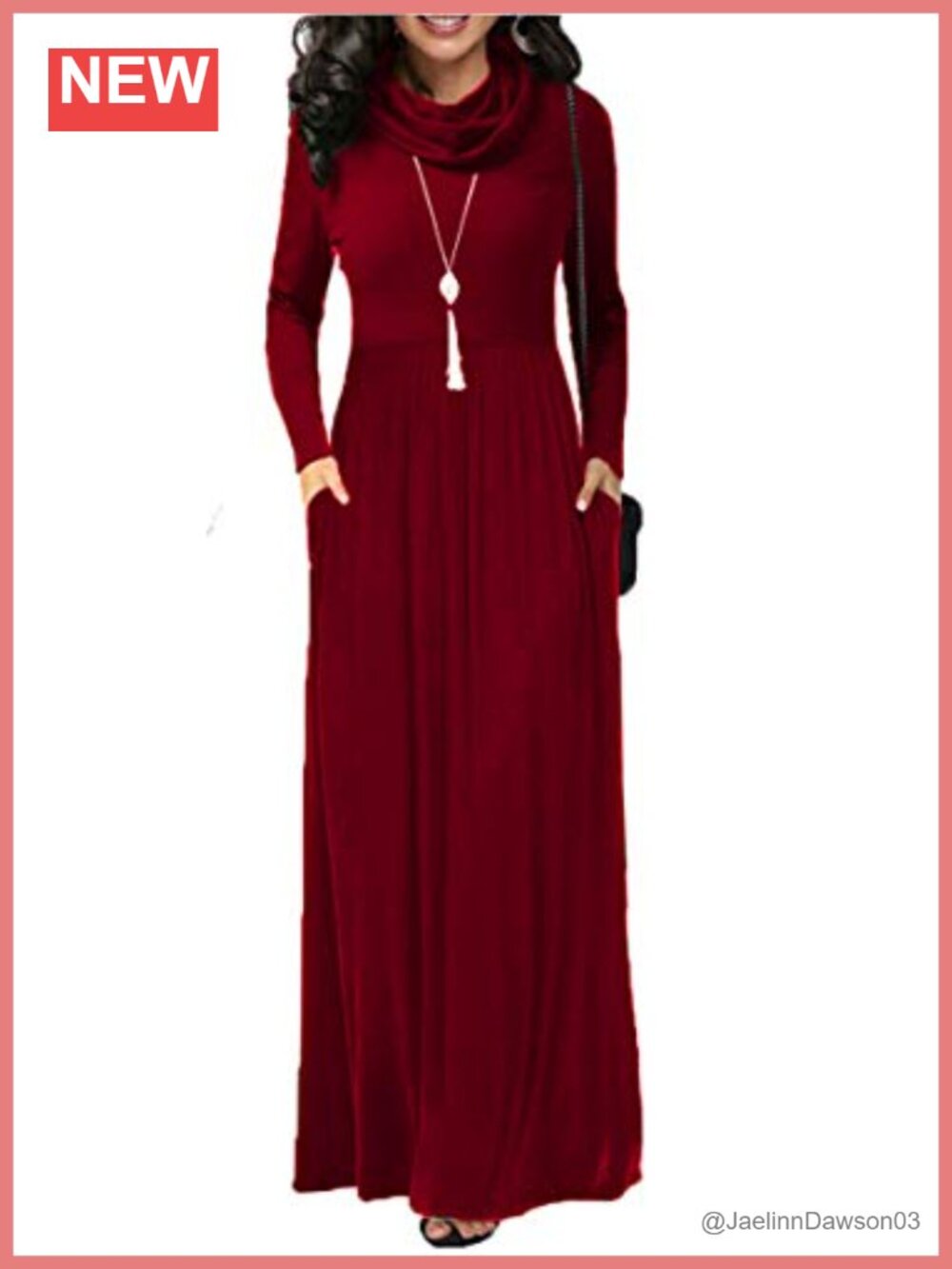 Women's Long Sleeve Cowl Neck Empire Waist Maxi Dress with Pockets